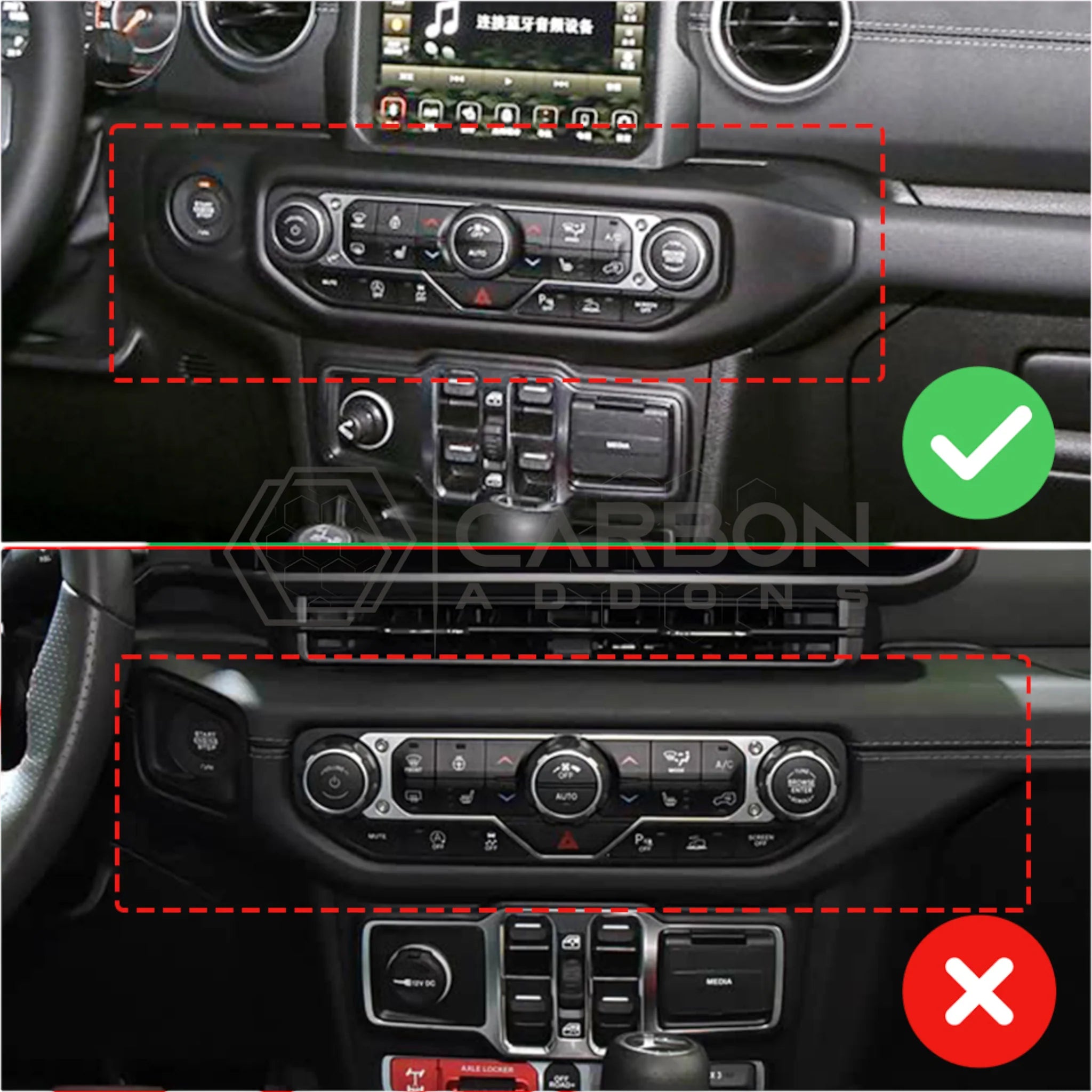 Jeep Gladiator JT & Wrangler JL Push Start Button & Radio Control Trim Cover – Real Dry Carbon Fiber (Glossy or Matte) 2020–Current