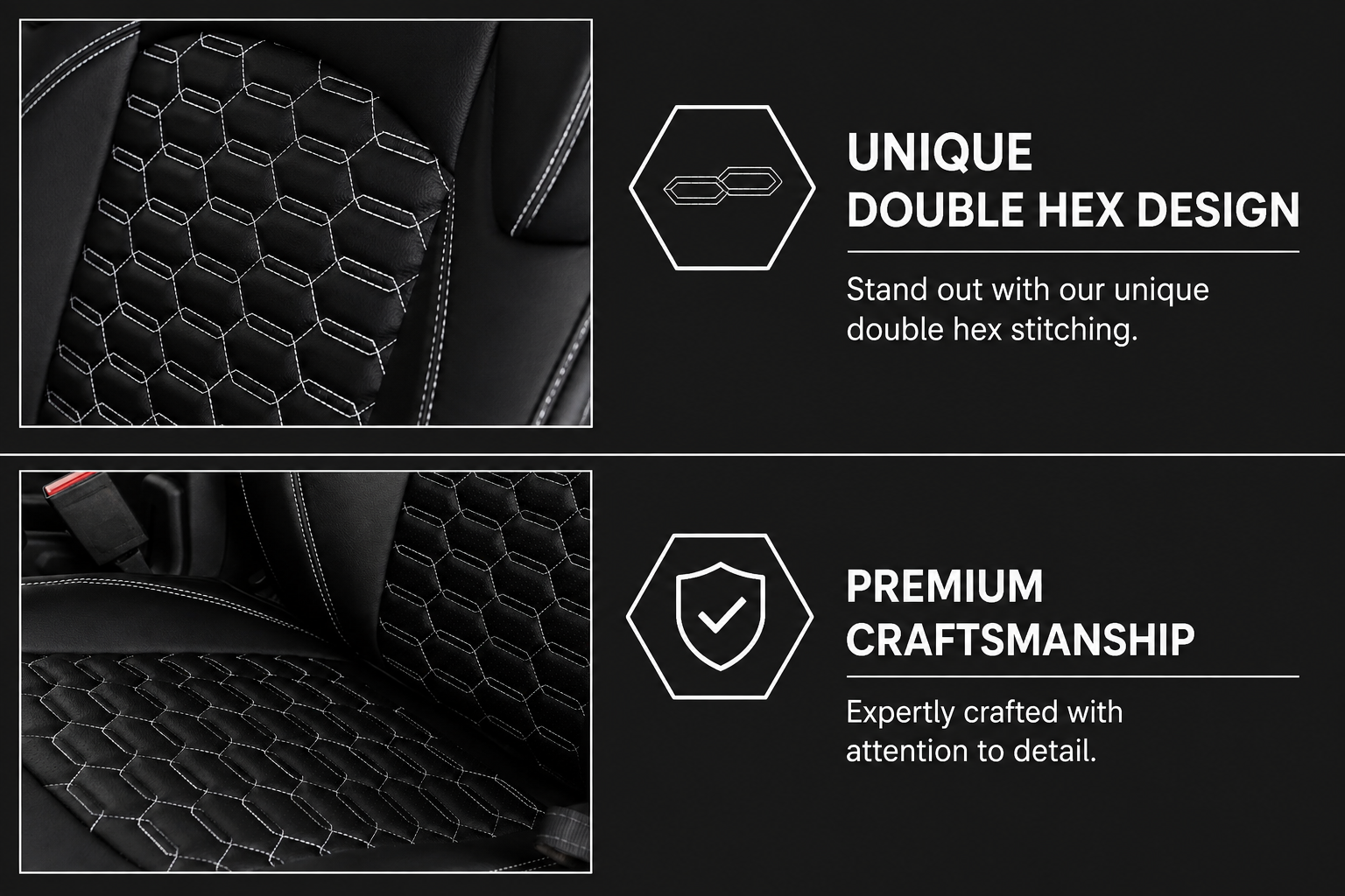 Custom Fit Seat Covers for 2020+ Jeep Gladiator JT – Front & Rear Set of 4, Premium Artificial Leather w/ Embroidered Logos (All Black w/ Honeycomb (White Stitching))
