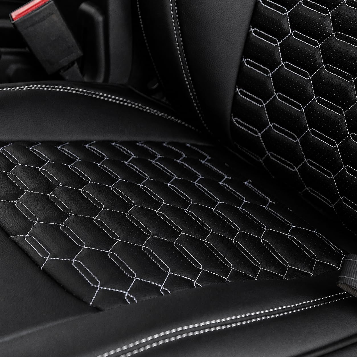 Custom Fit Seat Covers for 2020+ Jeep Gladiator JT – Front & Rear Set of 4, Premium Artificial Leather w/ Embroidered Logos (All Black w/ Honeycomb (White Stitching))