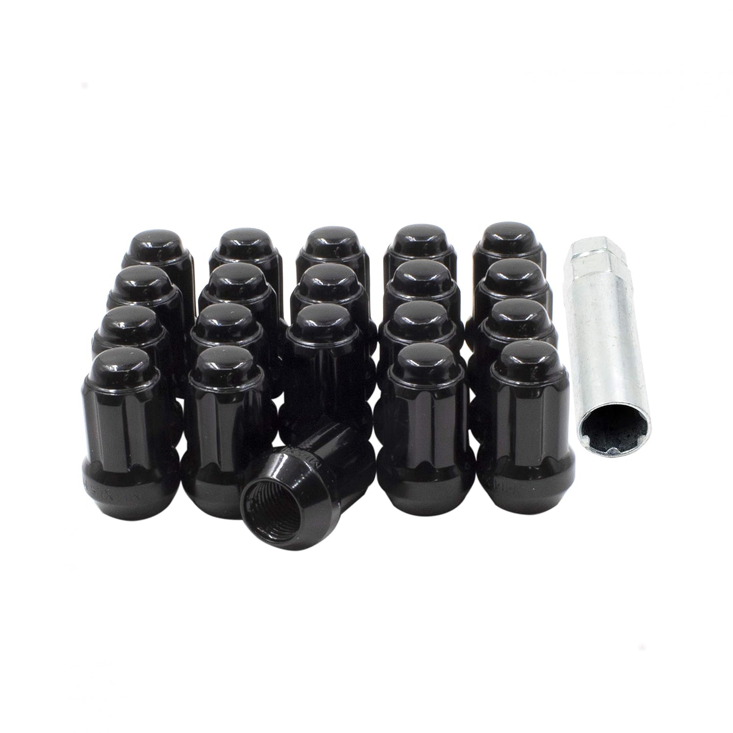 Install Kit – 14mm x 1.5 (1.50″) Spline Bulge Acorn Black – 20 Lug Nuts + Key(T)