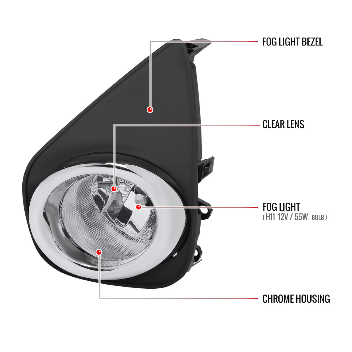 2015-2017 Toyota Yaris 2/4DR H11 Fog Lights Kit w/ Switch & Wiring Harness (Chrome Housing/Clear Lens)