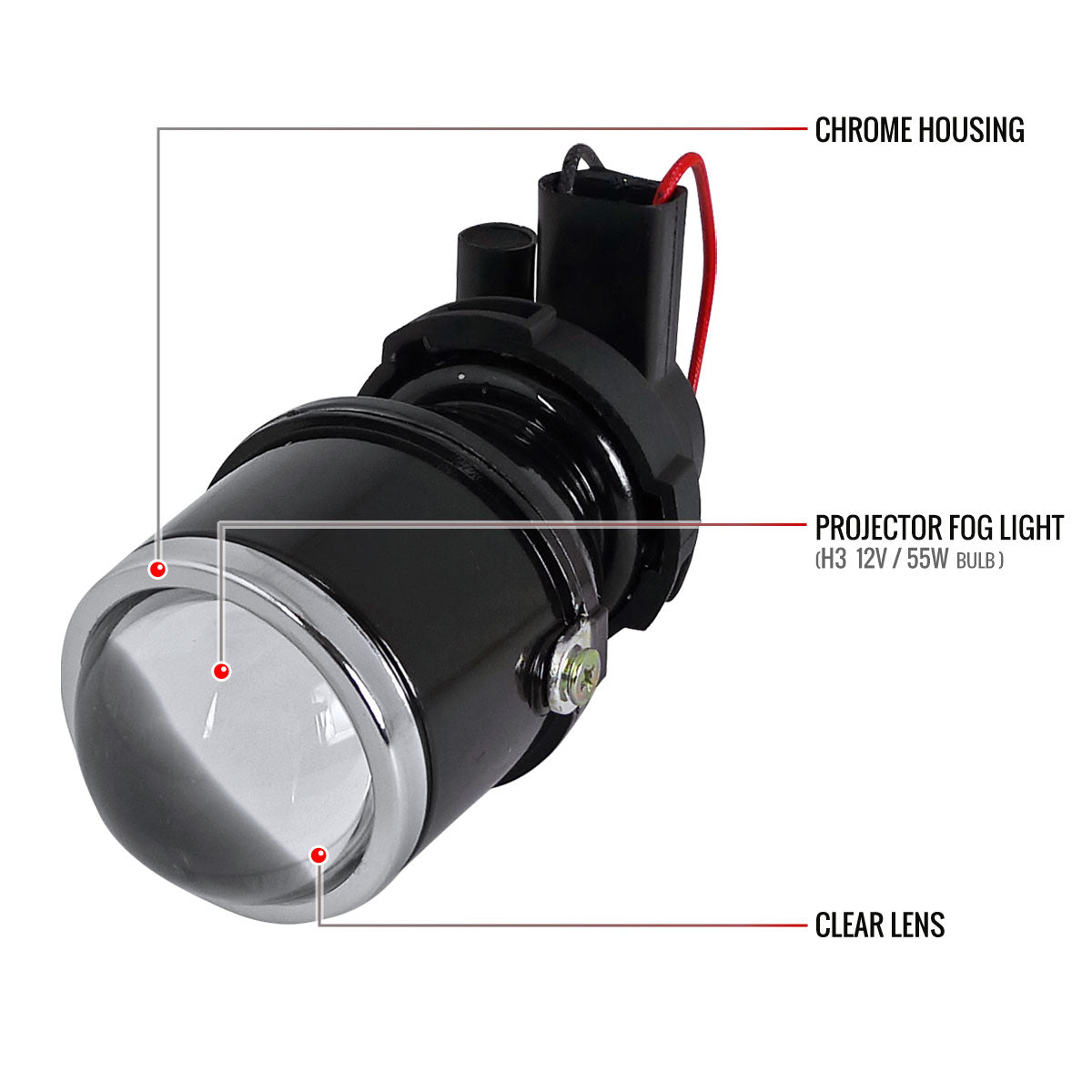 Universal 12V/55W H3 Projector Fog Lights Kit w/ Mounting Brackets (Black Metal Housing/Glass Lens)