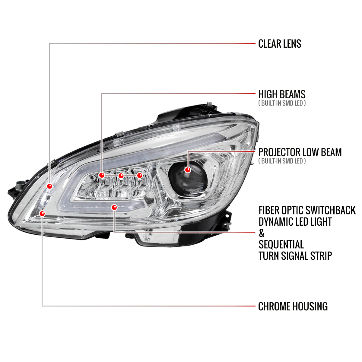 2008-2011 Mercedes Benz W204 C-Class Switchback Sequential Full LED Projector Headlights (Chrome Housing/Clear Lens)