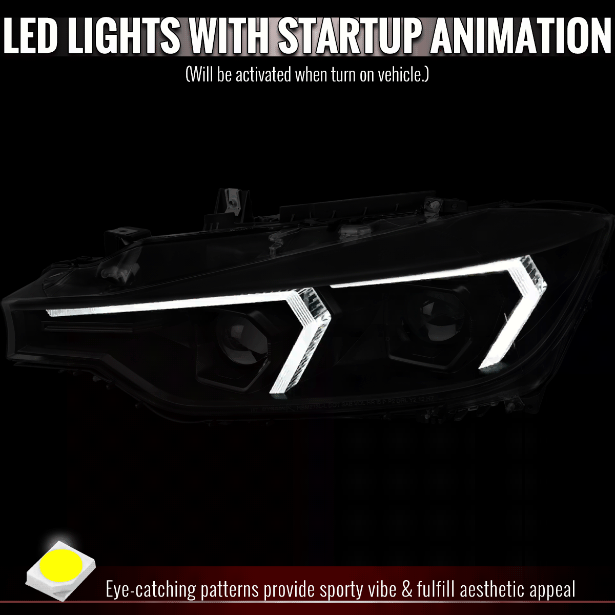 2012-2015 BMW F30 3 Series Full LED Projector Headlights w/ Switchback Sequential Turn Signal (Black Housing / Clear Lens)