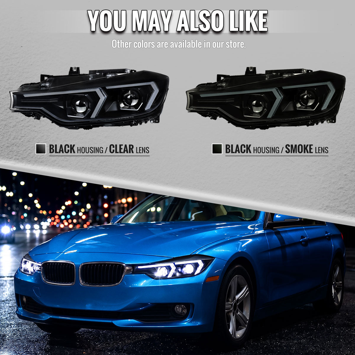 2012-2015 BMW F30 3 Series Full LED Projector Headlights w/ Switchback Sequential Turn Signal (Black Housing / Clear Lens)