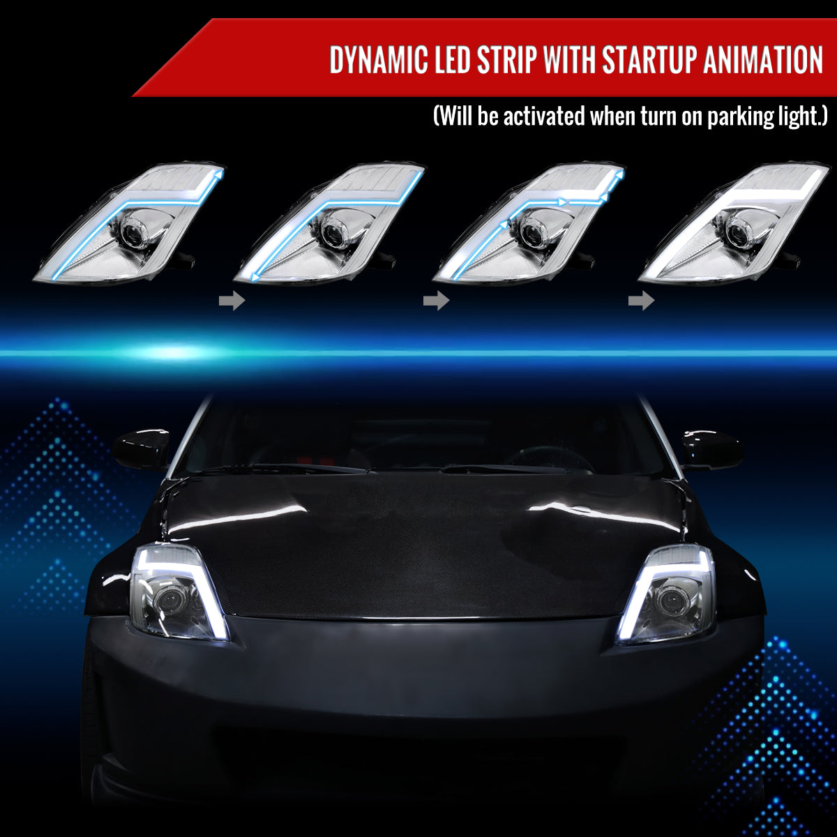 2006-2009 Nissan 350Z Switchback Sequential Turn Signal Animated LED Bar Projector Headlights (Chrome Housing/Clear Lens)