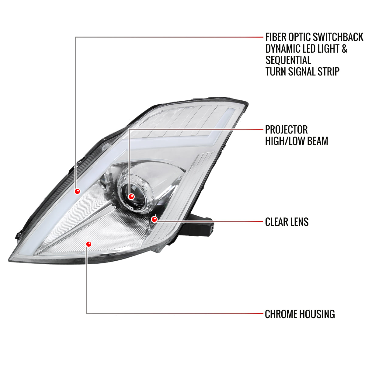2006-2009 Nissan 350Z Switchback Sequential Turn Signal Animated LED Bar Projector Headlights (Chrome Housing/Clear Lens)