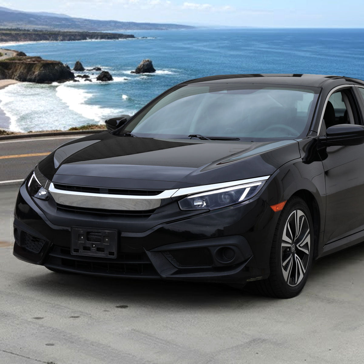2016-2021 Honda Civic Projector Headlights w/ Switchback LED Sequential Turn Signals DRL Parking Light Strip (Jet Black Housing  / Clear Lens)