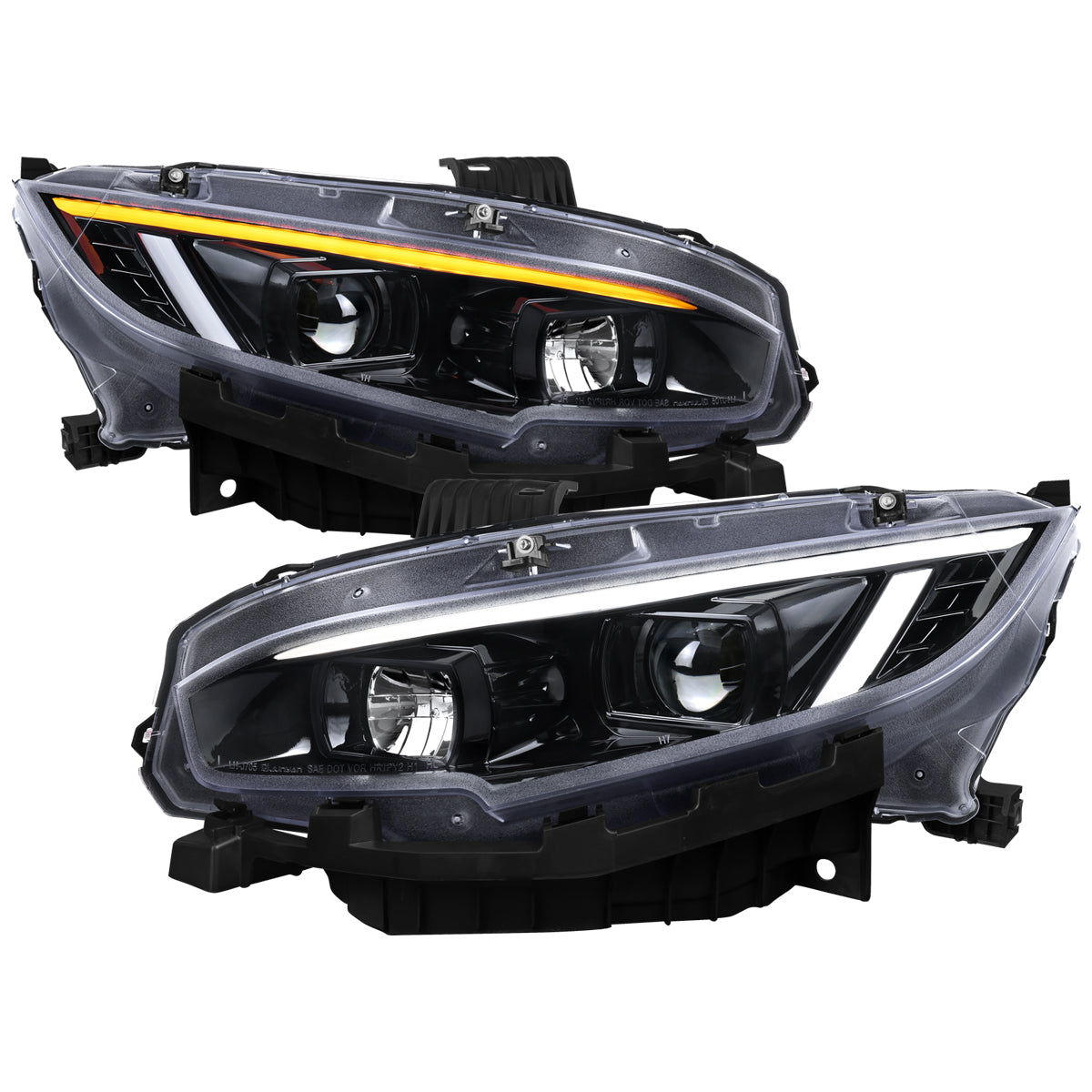 2016-2021 Honda Civic Projector Headlights w/ Switchback LED Sequential Turn Signals DRL Parking Light Strip (Jet Black Housing  / Clear Lens)