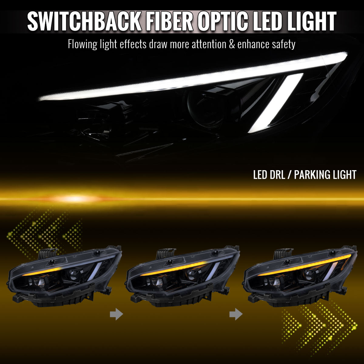 2016-2021 Honda Civic Projector Headlights w/ Switchback LED Sequential Turn Signals DRL Parking Light Strip (Glossy Black Housing  / Smoked Lens)
