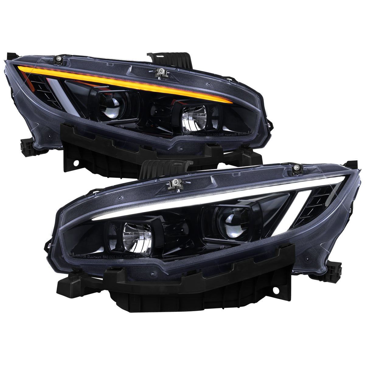 2016-2021 Honda Civic Projector Headlights w/ Switchback LED Sequential Turn Signals DRL Parking Light Strip (Glossy Black Housing  / Smoked Lens)