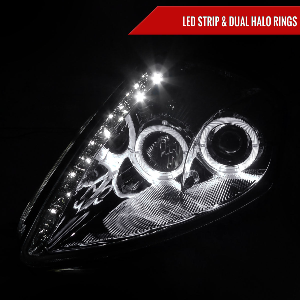 2000-2005 Mitsubishi Eclipse Dual Halo Projector Headlights w/ SMD LED Light Strip (Chrome Housing/Clear Lens)