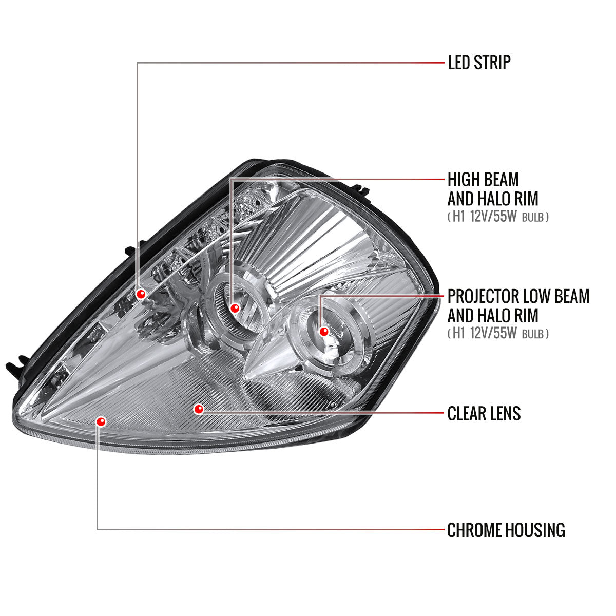 2000-2005 Mitsubishi Eclipse Dual Halo Projector Headlights w/ SMD LED Light Strip (Chrome Housing/Clear Lens)