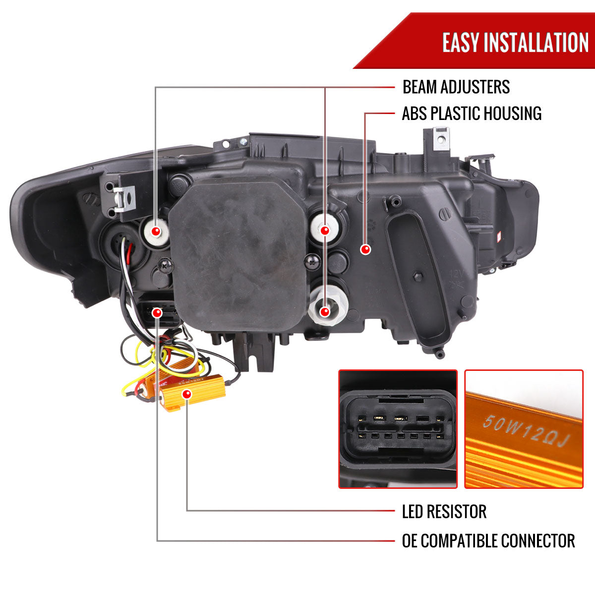 2012-2015 F30 3 Series Sedan Dual U-Bar Projector Headlights w/ LED Turn Signal Lights (Jet Black Housing/Clear Lens)