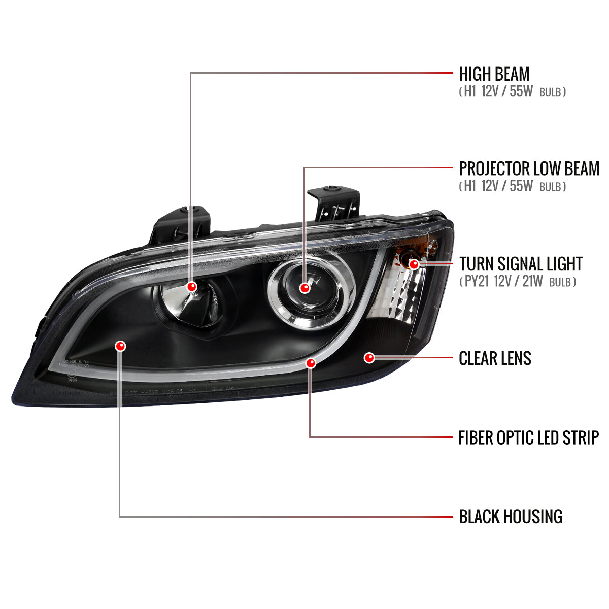 2008-2009 Pontiac G8 LED Bar Projector Headlights (Matte Black Housing/Clear Lens)