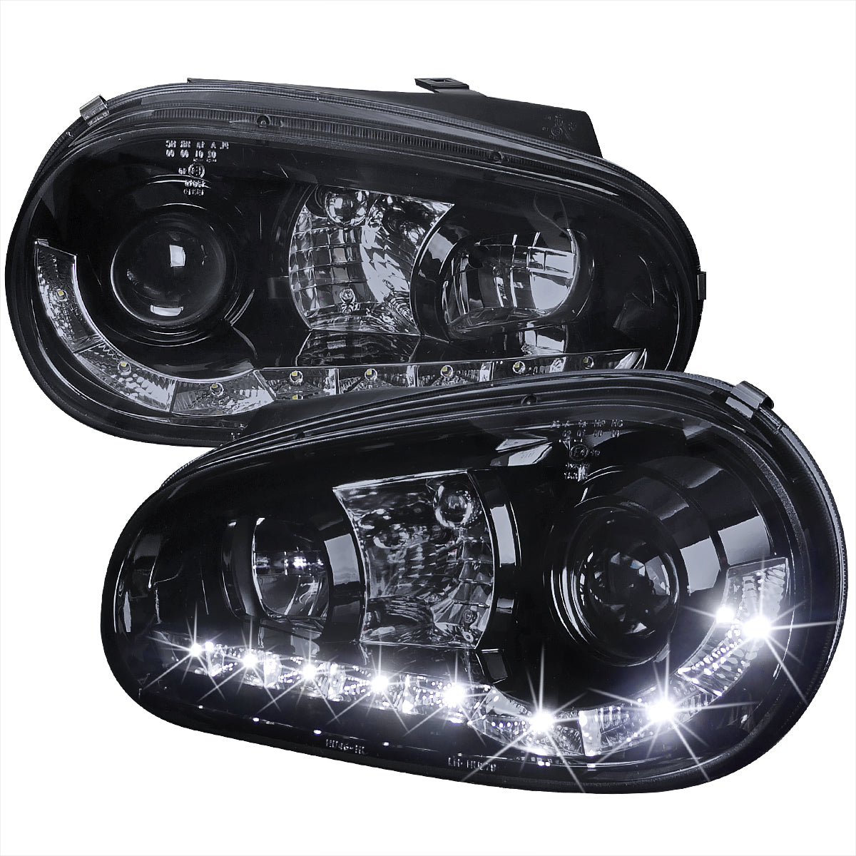 1999-2006 Volkswagen Golf Mk4 GTI/R32 Cabrio Projector Headlights w/ R8 Style LED Light Strip (Glossy Black Housing/Smoked Lens)