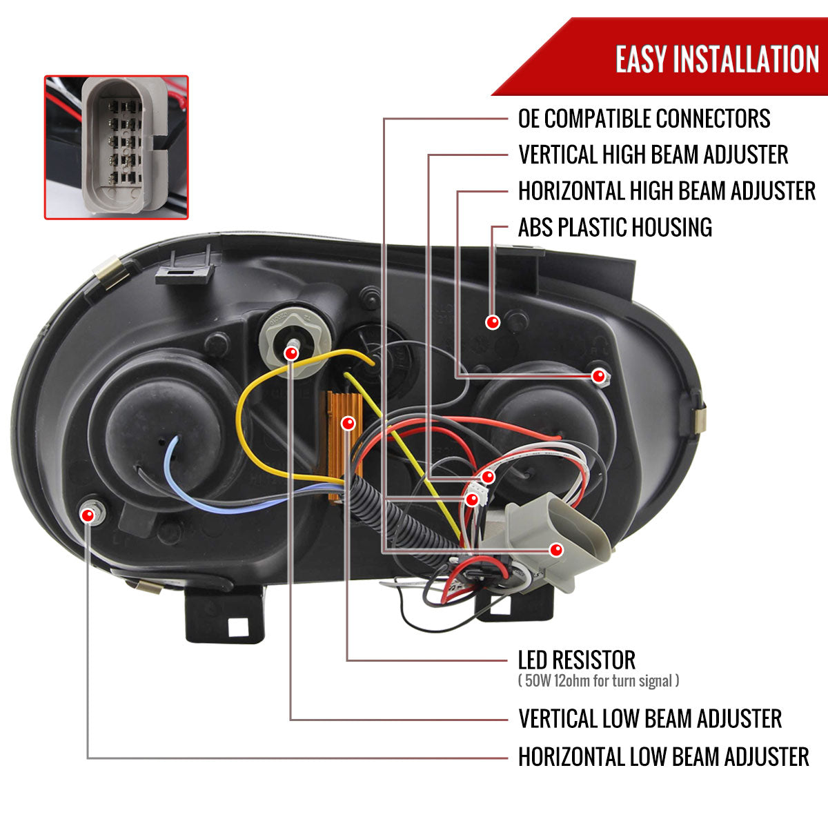 1999-2006 Volkswagen Golf Mk4 GTI/R32 Cabrio Projector Headlights w/ R8 Style LED Light Strip & LED Turn Signal Lights (Matte Black Housing/Clear Lens)