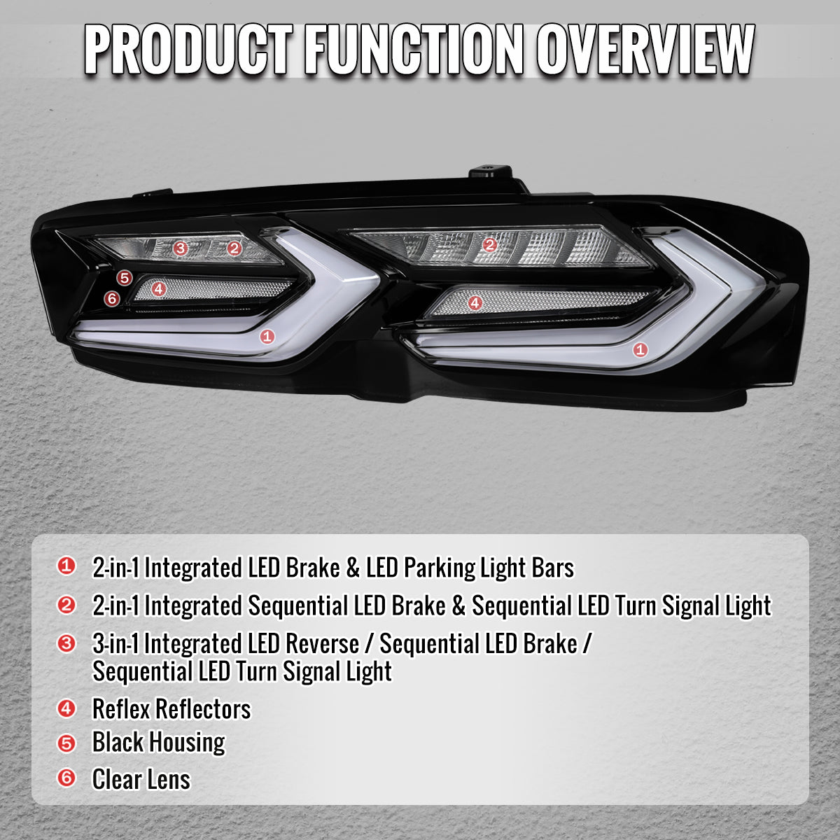 2019-2024 Chevrolet Camaro Sequential LED Turn Signal C8-Style Tail Lights (Black Housing / Clear Lens)