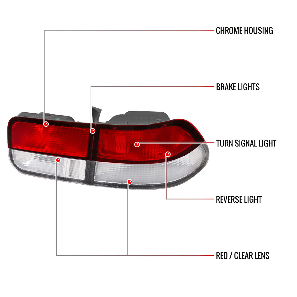 1996-2000 Honda Civic Coupe Tail Lights (Chrome Housing/Red Clear Lens)