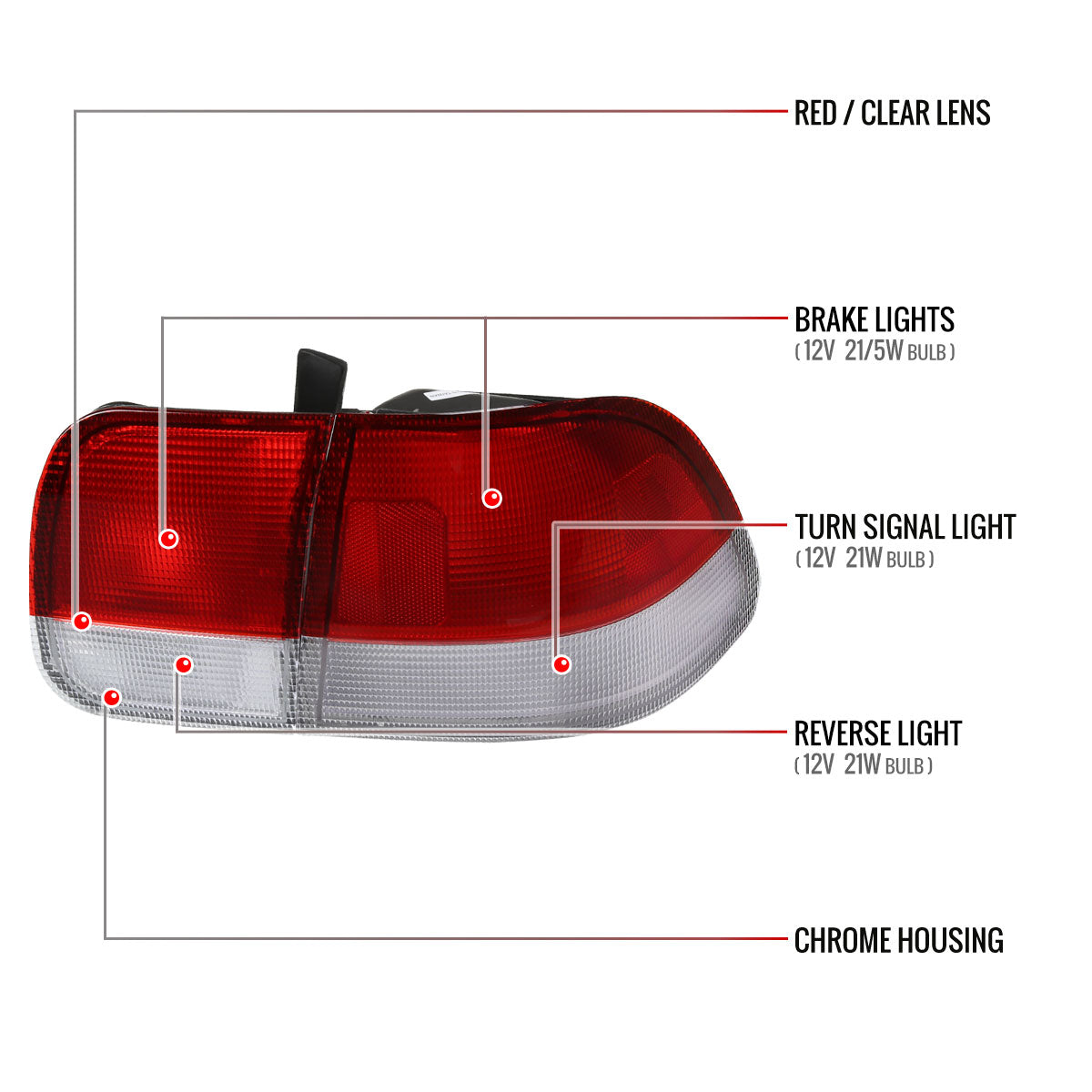 1996-1998 Honda Civic Sedan Tail Lights w/ Bulbs (Chrome Housing/Red Clear Lens)