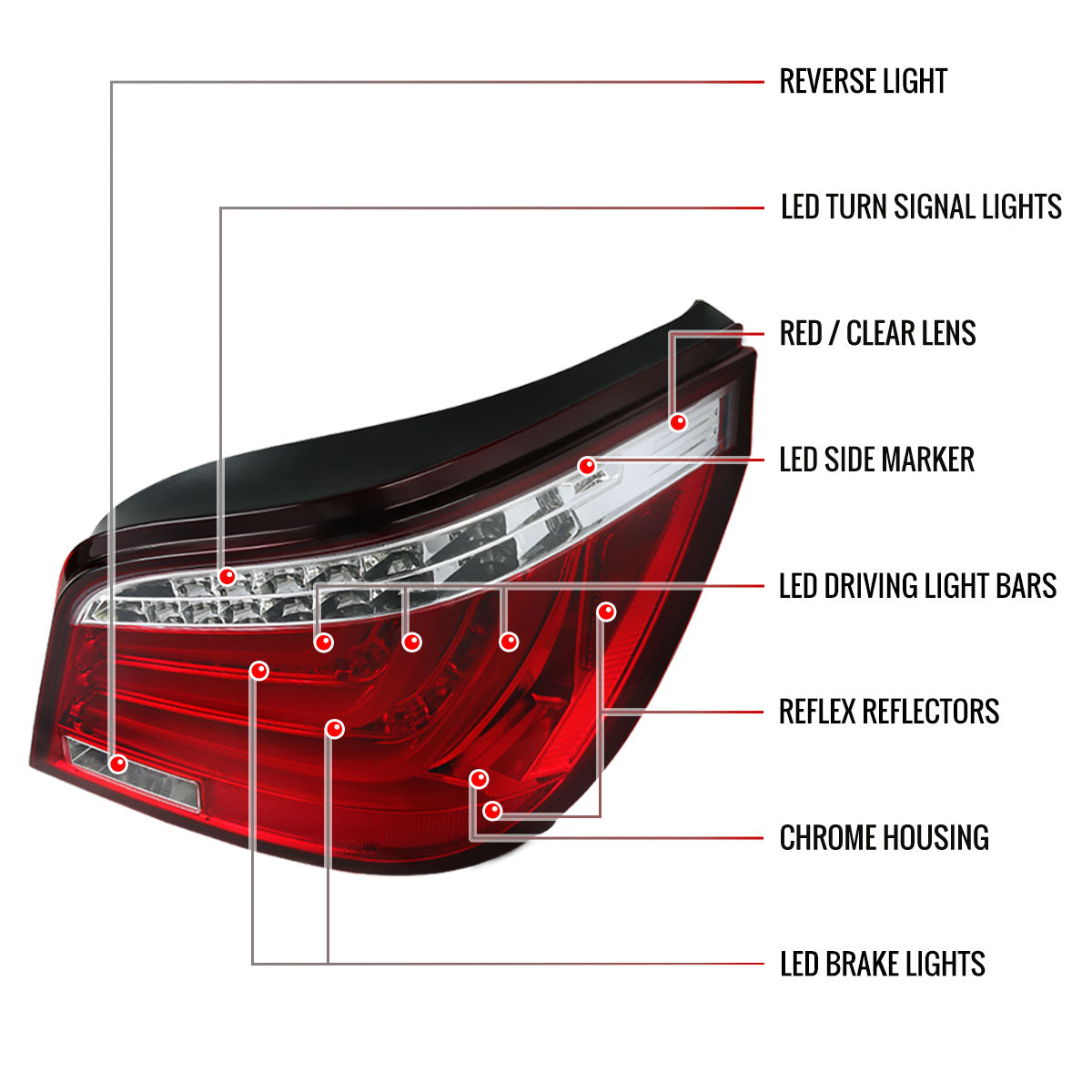 2008-2010 BMW E60 5 Series Sedan LED Tail Lights (Chrome Housing/Red Lens)