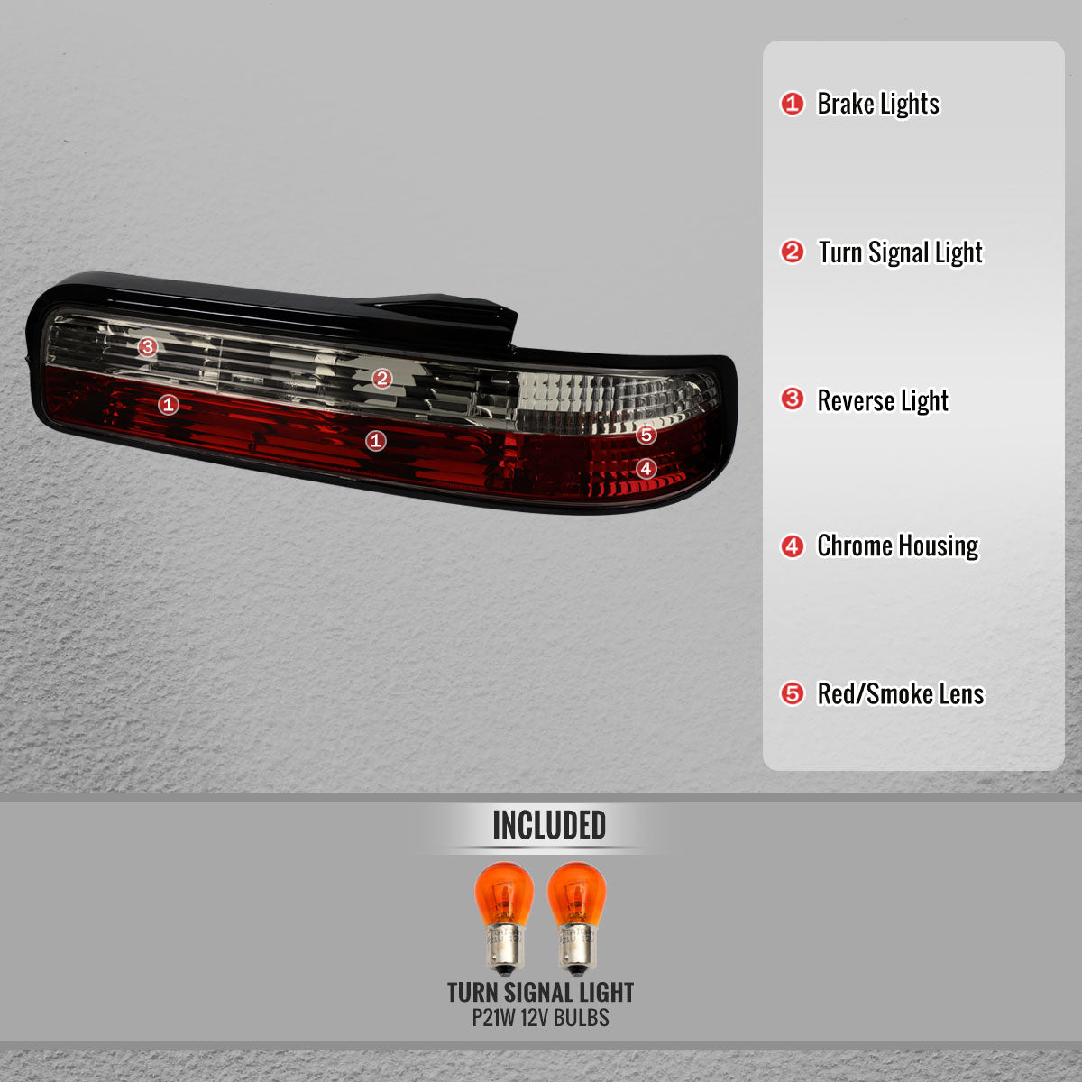 1989-1994 Nissan 240SX S13 Coupe Tail Lights (Chrome Housing/Red Smoked Lens)
