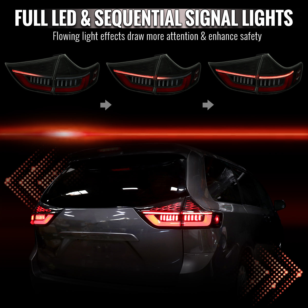 2011-2014 Toyota Sienna Full LED Tail Lights w/ Sequential Turn Signal and Startup Animation Red Lens Fiber Optic LED (Black Housing / Smoked Lens)