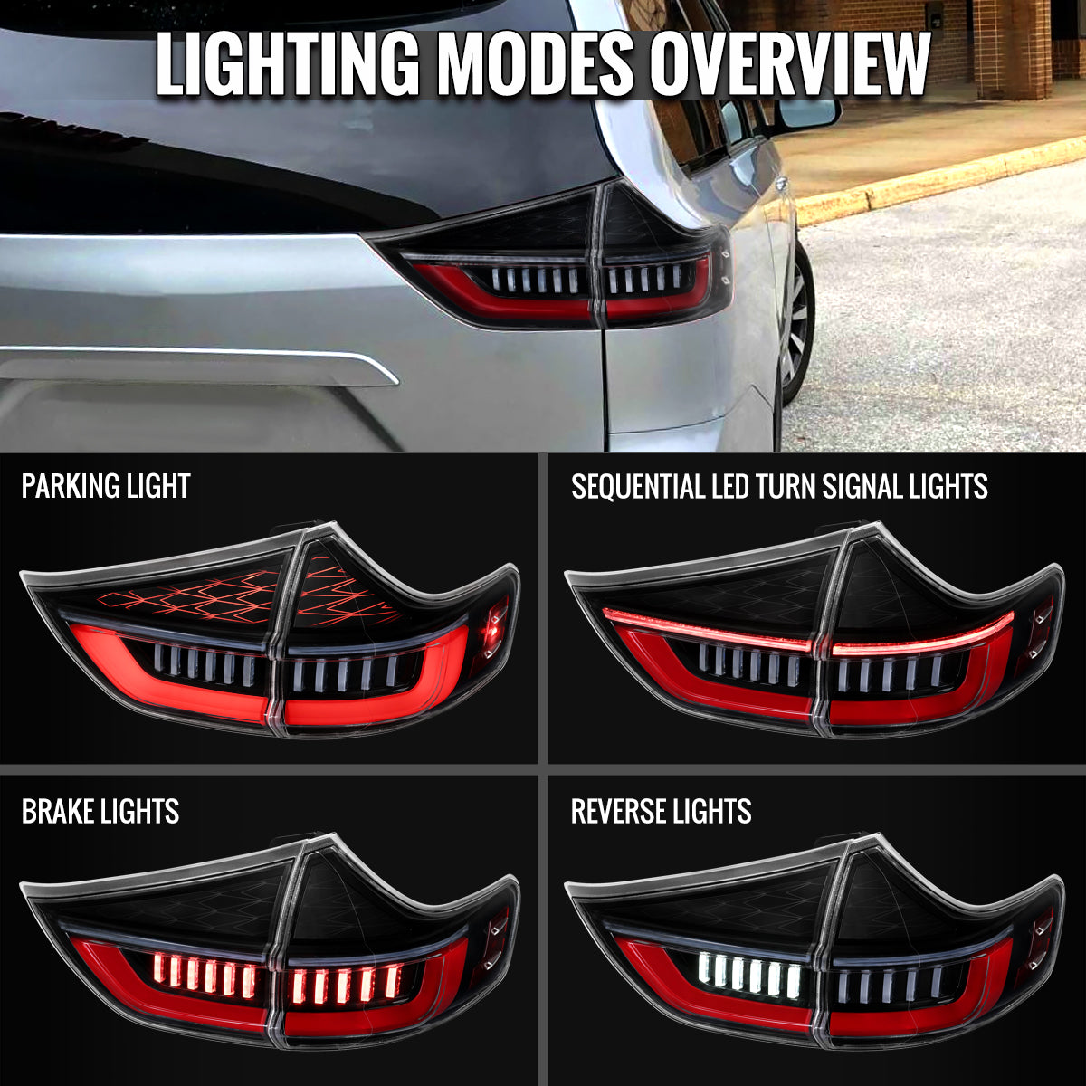 2015-2020 Toyota Sienna Full LED Tail Lights w/ Sequential Turn Signal and Startup Animation Red Lens Fiber Optic LED (Jet Black Housing / Clear Lens)