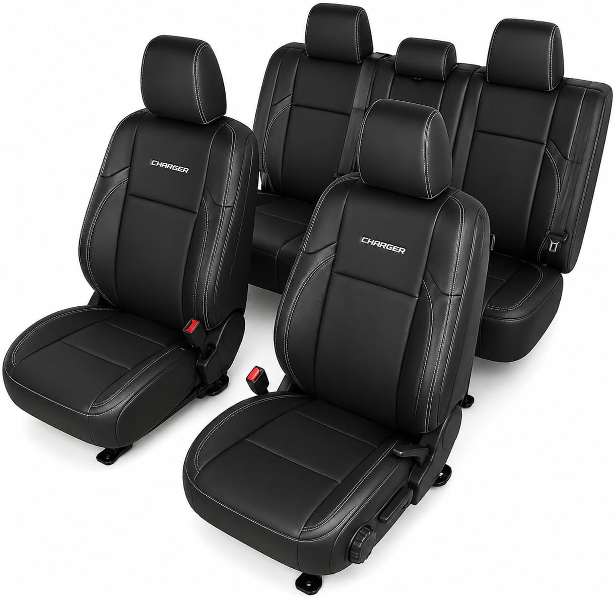Custom Fit Seat Covers for 2015-2023 Dodge Charger – Front & Rear Set of 4, Premium Artificial Leather w/ Embroidered Logos (Sport Seats) (All Black (White Stitching))