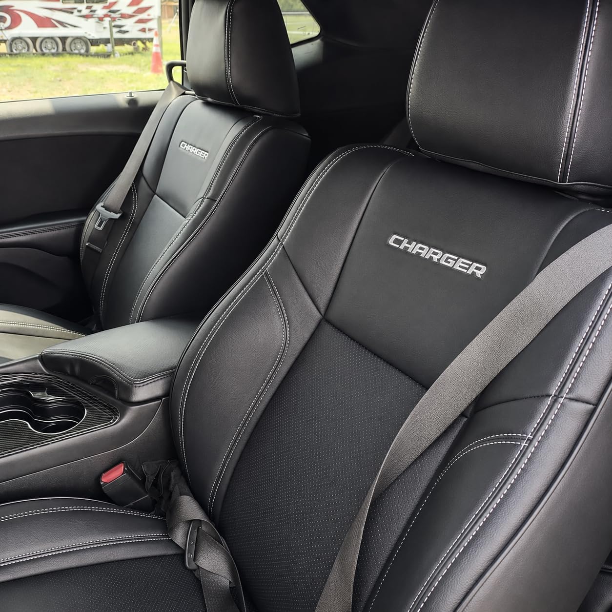 Custom Fit Seat Covers for 2015-2023 Dodge Charger – Front & Rear Set of 4, Premium Artificial Leather w/ Embroidered Logos (Sport Seats) (All Black (White Stitching))