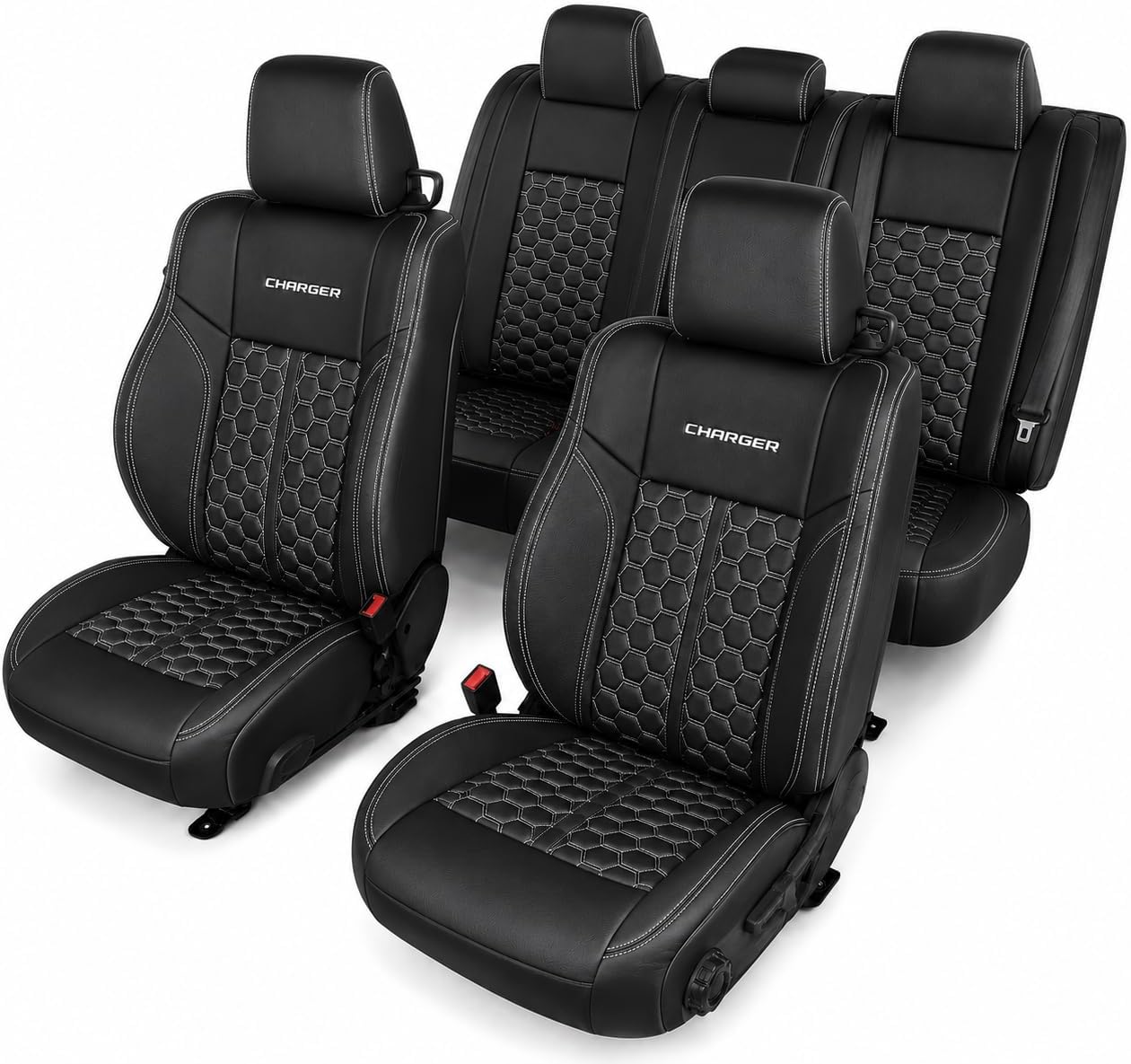 Custom Fit Seat Covers for 2015-2023 Dodge Charger – Front & Rear Set of 4, Premium Artificial Leather w/ Embroidered Logos (Sport Seats) (All Black w/ Honeycomb (White Stitching))