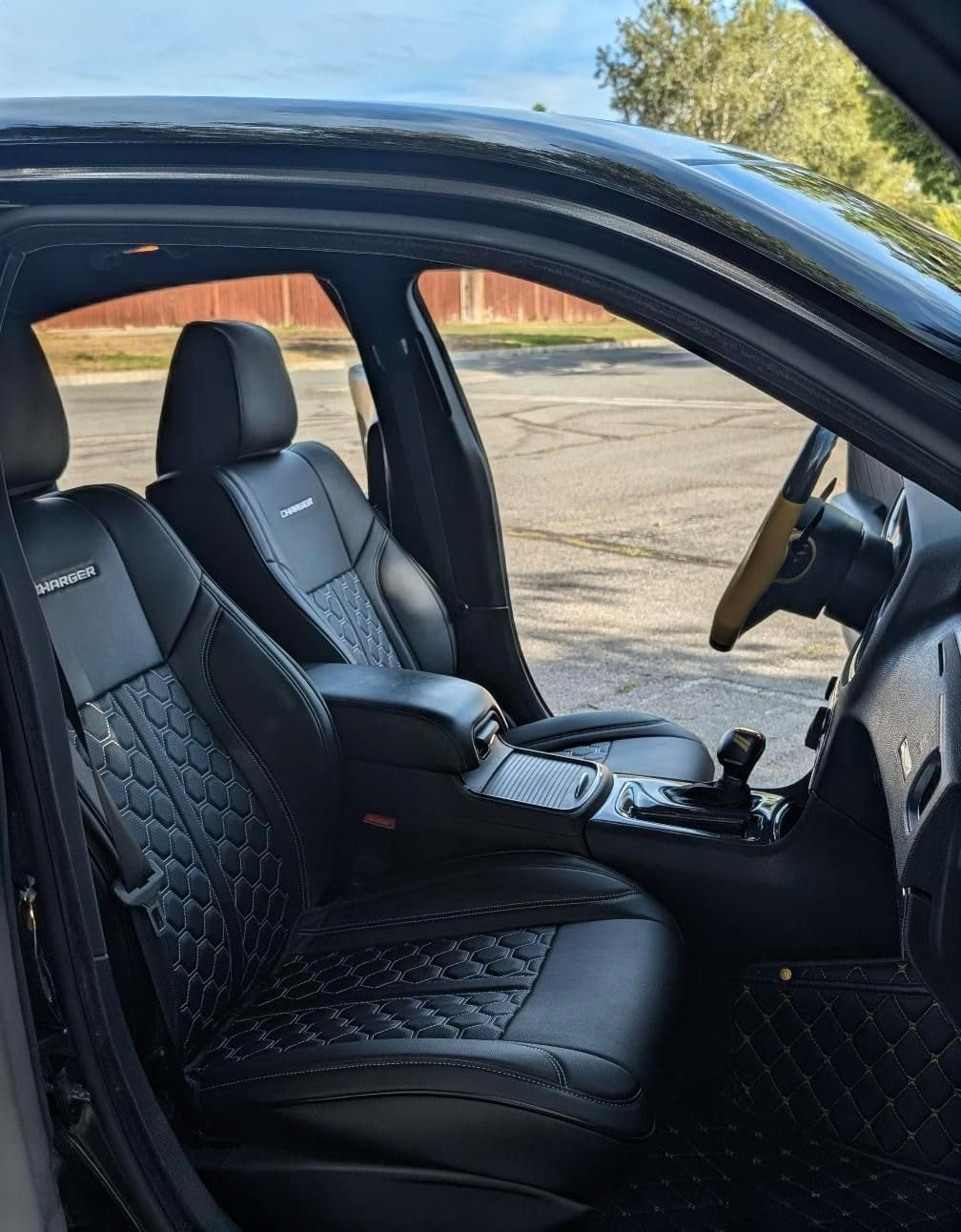 Custom Fit Seat Covers for 2015-2023 Dodge Charger – Front & Rear Set of 4, Premium Artificial Leather w/ Embroidered Logos (Sport Seats) (All Black w/ Honeycomb (White Stitching))