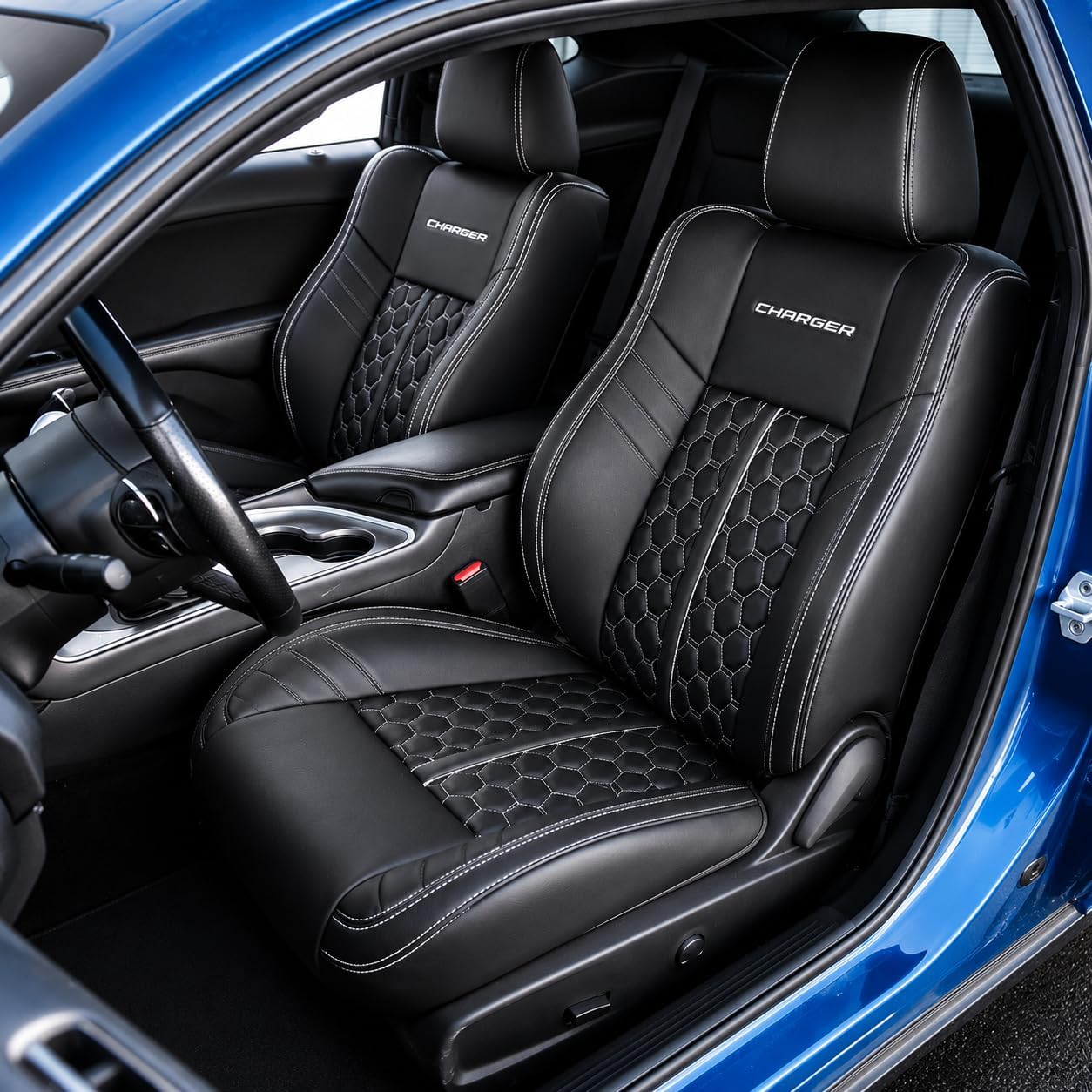 Custom Fit Seat Covers for 2015-2023 Dodge Charger – Front & Rear Set of 4, Premium Artificial Leather w/ Embroidered Logos (Performance Seats) (All Black w/ Honeycomb (White Stitching))