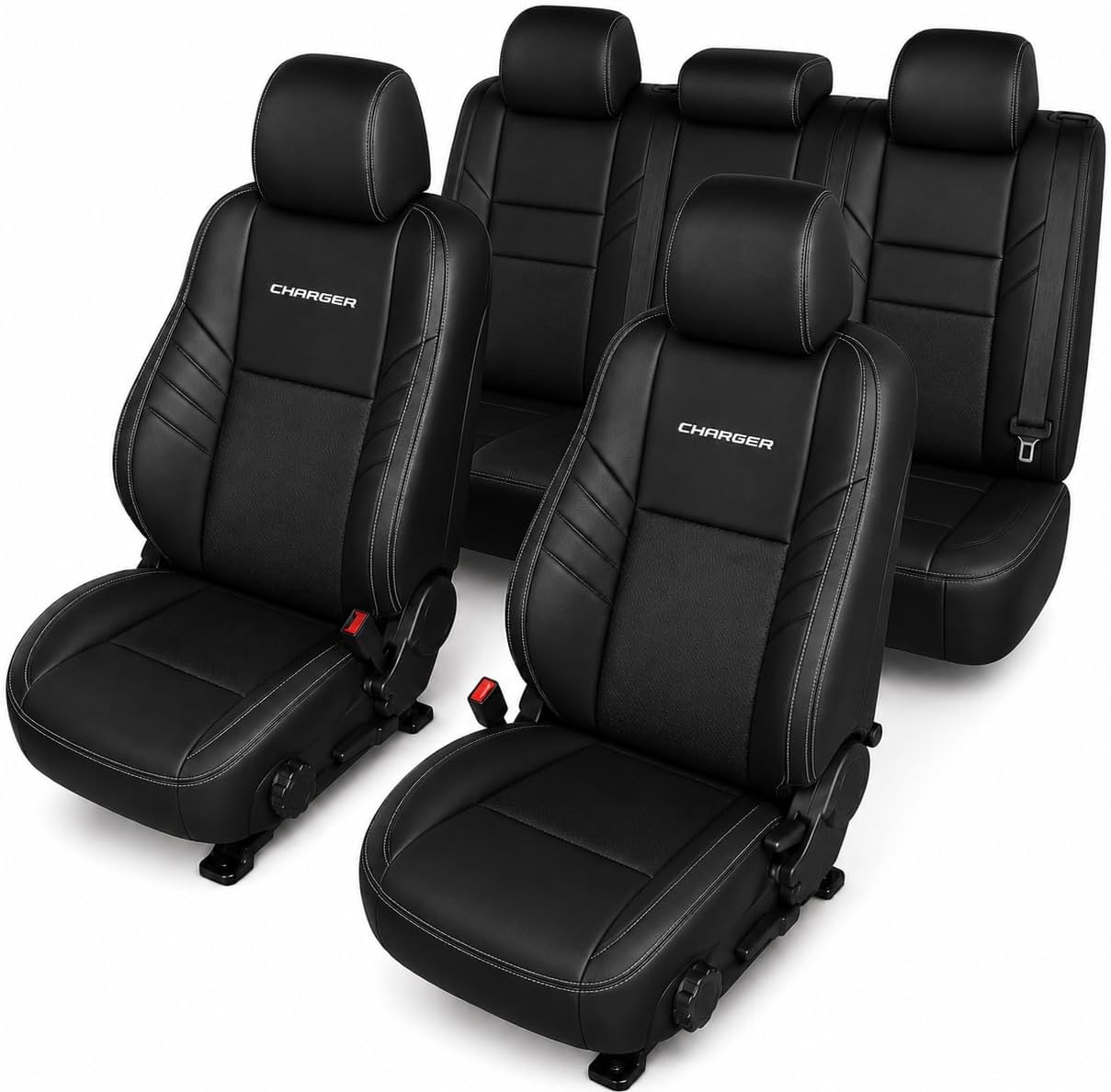 Custom Fit Seat Covers for 2015-2023 Dodge Charger – Front & Rear Set of 4, Premium Artificial Leather w/ Embroidered Logos (Performance Seats) (All Black (White Stitching))