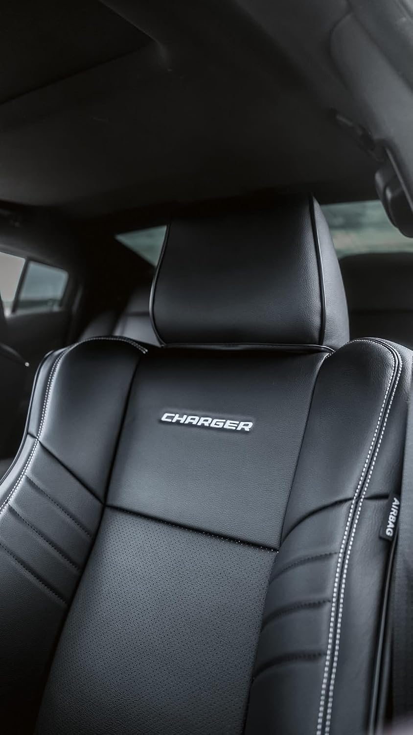 Custom Fit Seat Covers for 2015-2023 Dodge Charger – Front & Rear Set of 4, Premium Artificial Leather w/ Embroidered Logos (Performance Seats) (All Black (White Stitching))