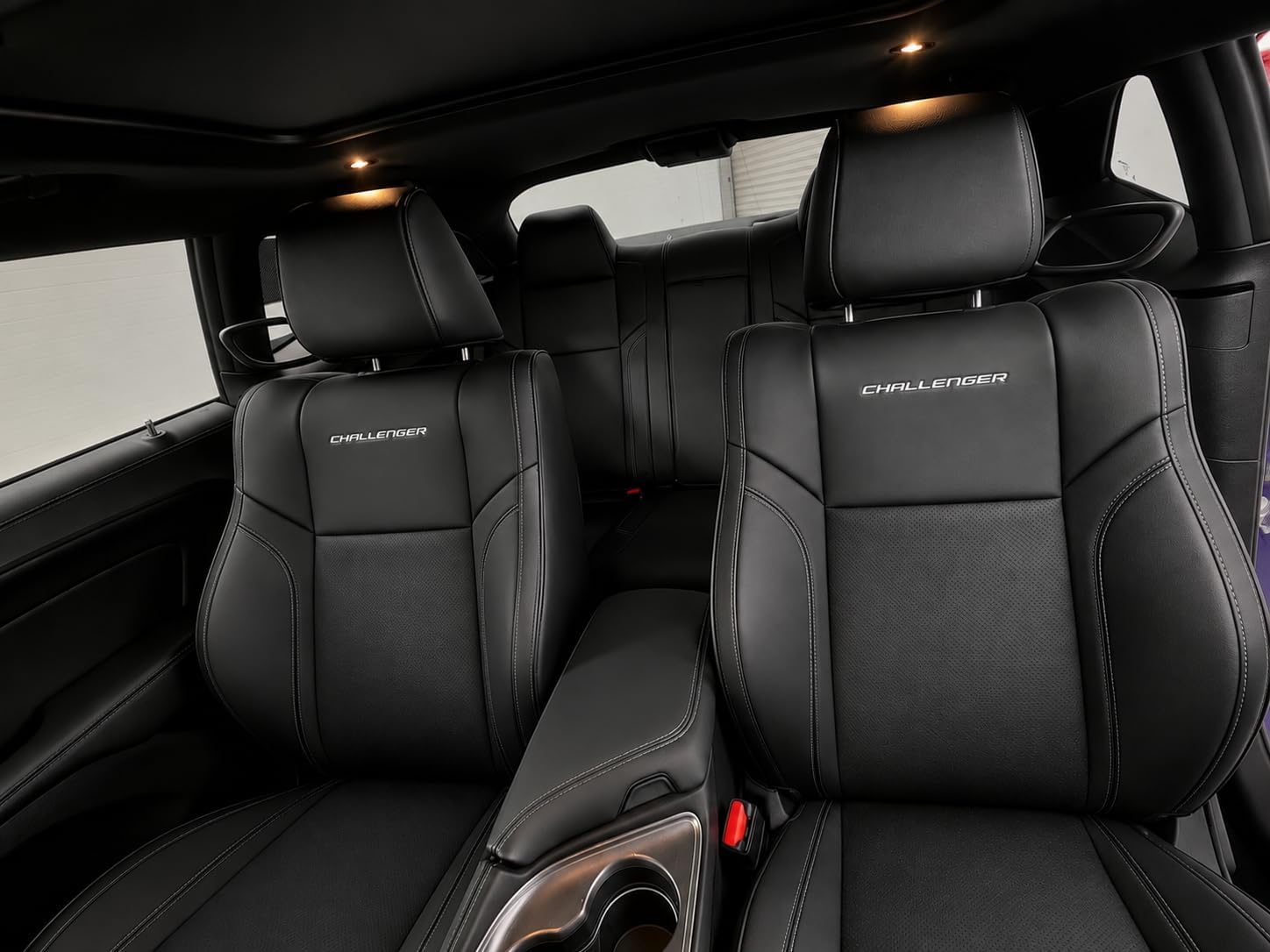 Custom Fit Seat Covers for 2015-2023 Dodge Challenger – Front & Rear Set of 4, Premium Artificial Leather w/ Embroidered Logos (Sport Seats)(All Black (White Stitching))