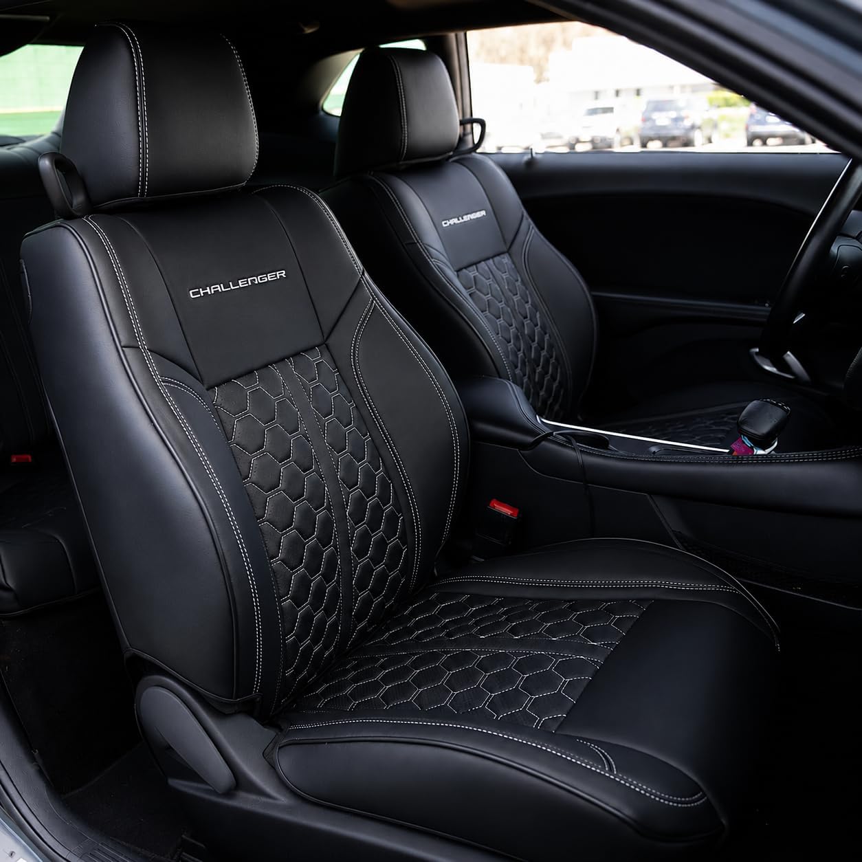 Custom Fit Seat Covers for 2015-2023 Dodge Challenger – Front & Rear Set of 4, Premium Artificial Leather w/ Embroidered Logos (Sport Seats)(All Black w/Honeycomb, White Stitching)