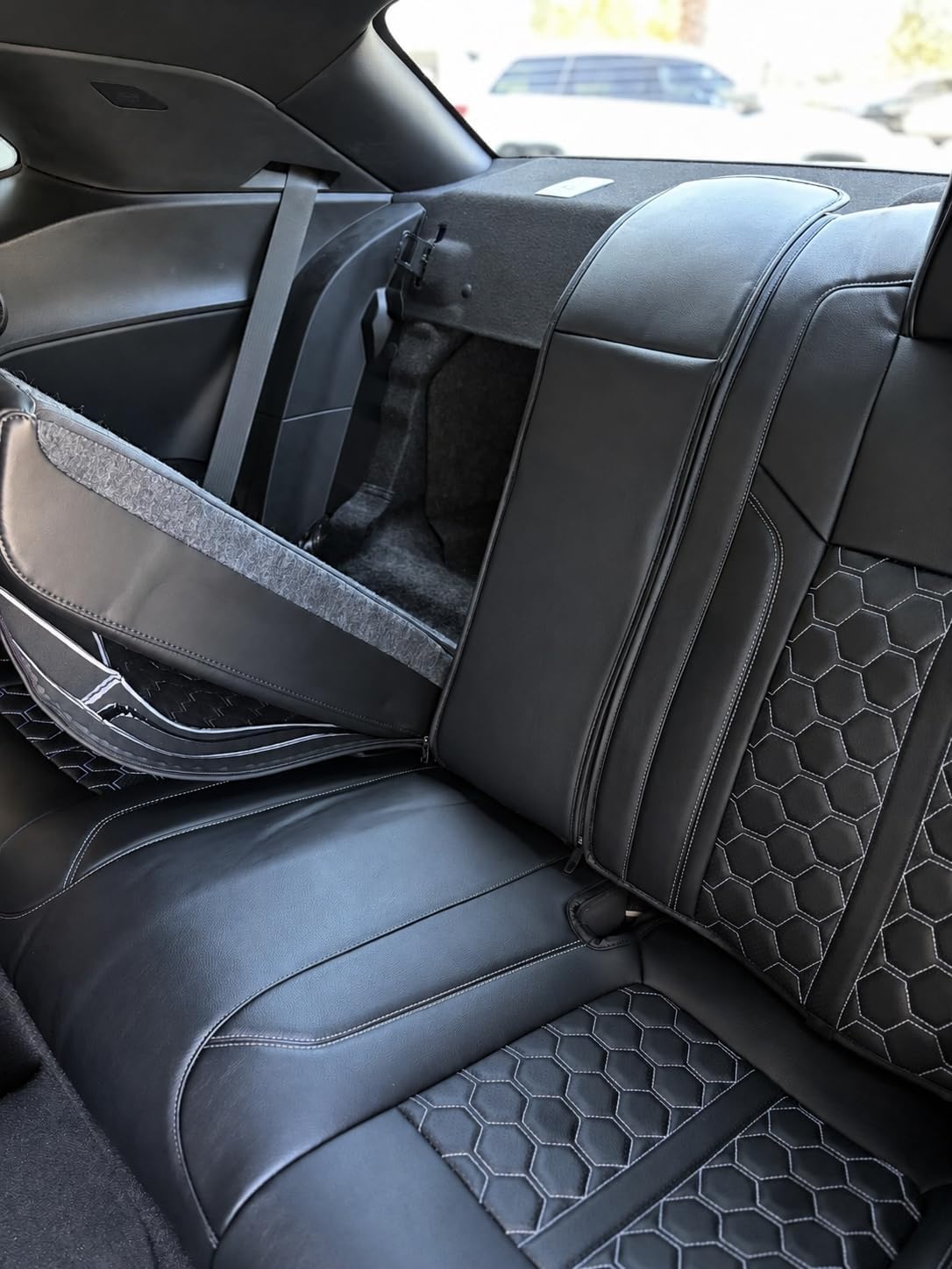Custom Fit Seat Covers for 2015-2023 Dodge Challenger – Front & Rear Set of 4, Premium Artificial Leather w/ Embroidered Logos (Sport Seats)(All Black w/Honeycomb, White Stitching)