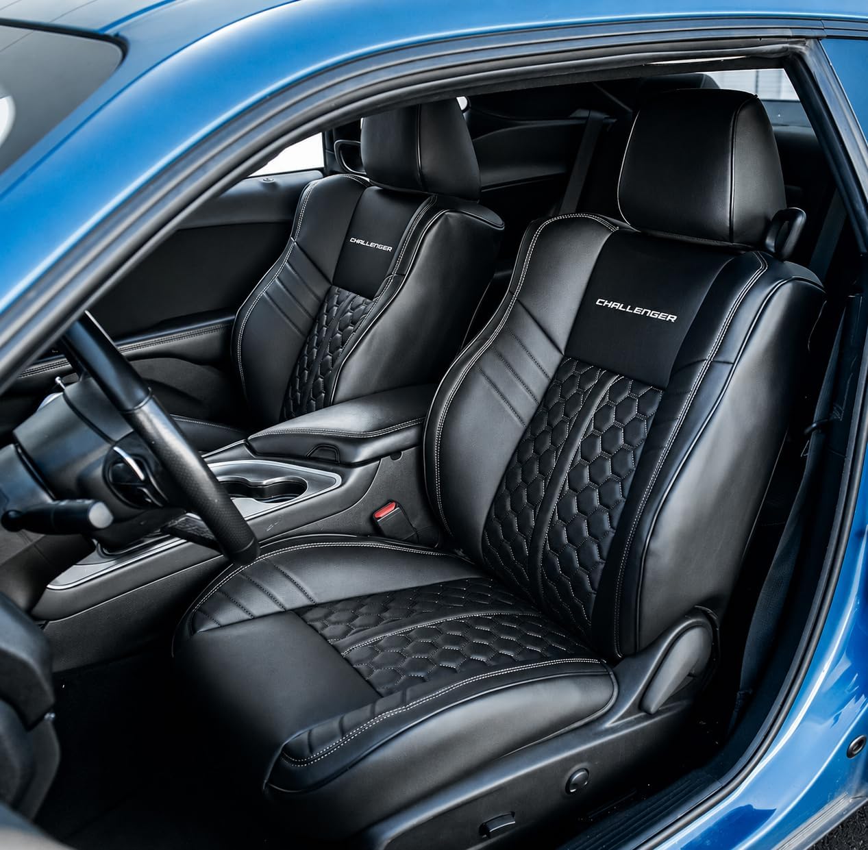 Custom Fit Seat Covers for 2015-2023 Dodge Challenger – Front & Rear Set of 4, Premium Artificial Leather w/ Embroidered Logos (Performance Seats)(All Black w/Honeycomb (White Stitching))
