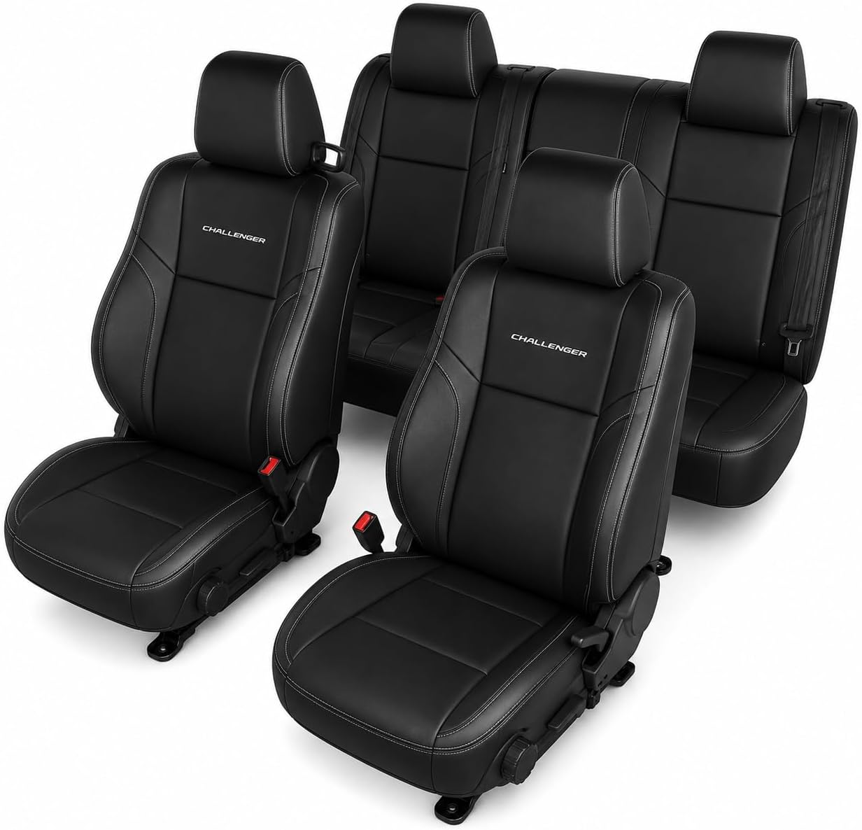 Custom Fit Seat Covers for 2015-2023 Dodge Challenger – Front & Rear Set of 4, Premium Artificial Leather w/ Embroidered Logos (Performance Seats) (All Black (White Stitching))