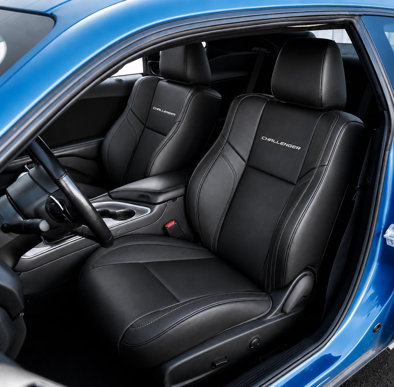 Custom Fit Seat Covers for 2015-2023 Dodge Challenger – Front & Rear Set of 4, Premium Artificial Leather w/ Embroidered Logos (Performance Seats) (All Black (White Stitching))