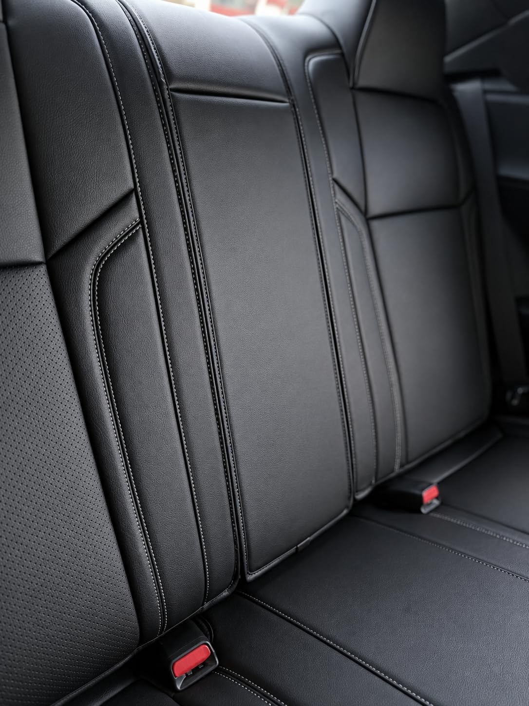 Custom Fit Seat Covers for 2015-2023 Dodge Challenger – Front & Rear Set of 4, Premium Artificial Leather w/ Embroidered Logos (Performance Seats) (All Black (White Stitching))