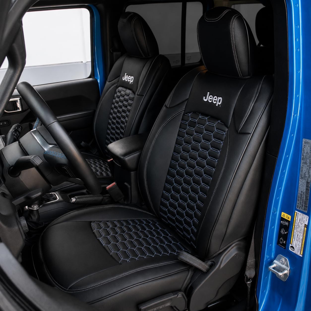 Custom Fit Seat Covers for 2020+ Jeep Gladiator JT – Front & Rear Set of 4, Premium Artificial Leather w/ Embroidered Logos (All Black w/ Honeycomb (White Stitching))