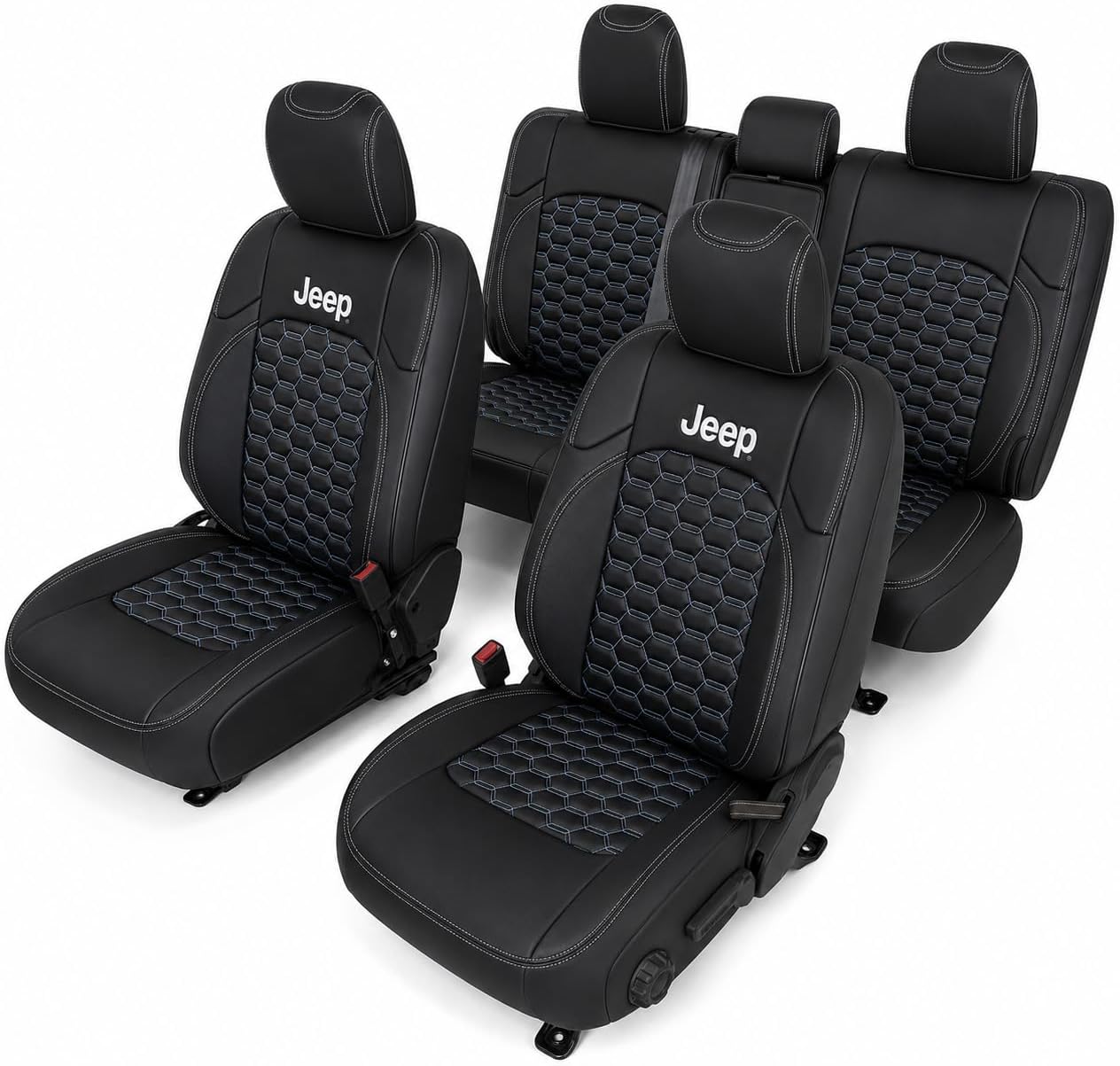 Custom Fit Seat Covers for 2013-2017 Jeep Wrangler JK 4 Door – Front & Rear Set of 4, Premium Artificial Leather w/ Embroidered Logos (All Black w/ Double Hex (White Stitching))
