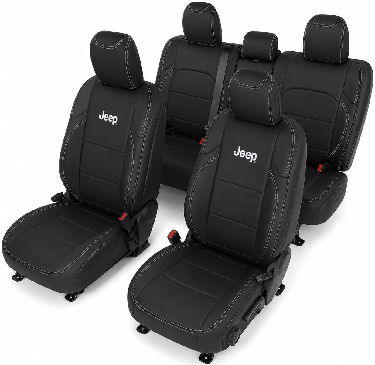 Custom Fit Seat Covers for 2018+ Jeep Wrangler JL 4 Door – Front & Rear Set of 4, Premium Artificial Leather w/ Embroidered Logos (All Black (White Stitching))