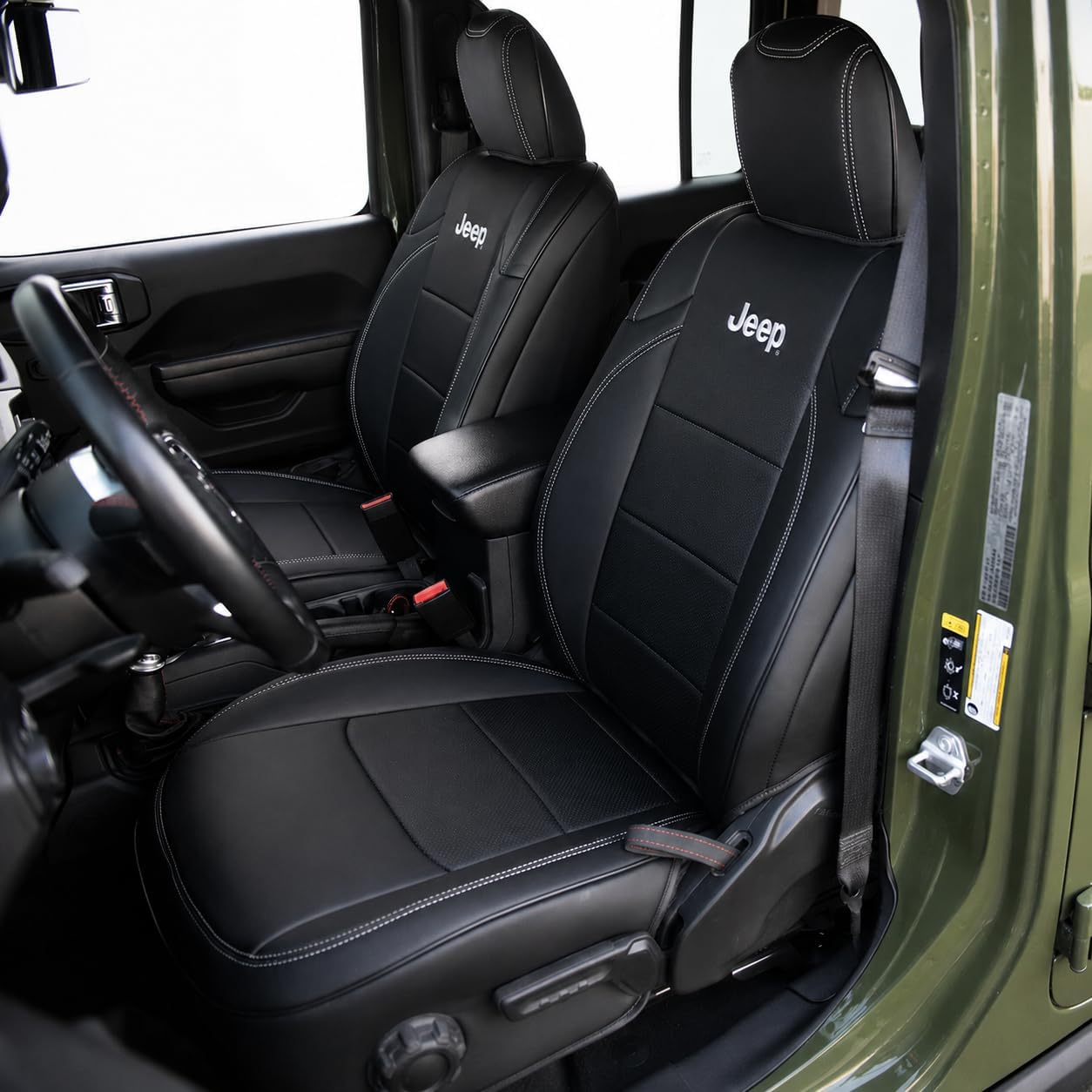 Custom Fit Seat Covers for 2018+ Jeep Wrangler JL 4 Door – Front & Rear Set of 4, Premium Artificial Leather w/ Embroidered Logos (All Black (White Stitching))