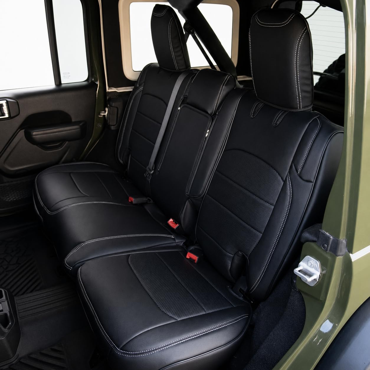 Custom Fit Seat Covers for 2018+ Jeep Wrangler JL 4 Door – Front & Rear Set of 4, Premium Artificial Leather w/ Embroidered Logos (All Black (White Stitching))