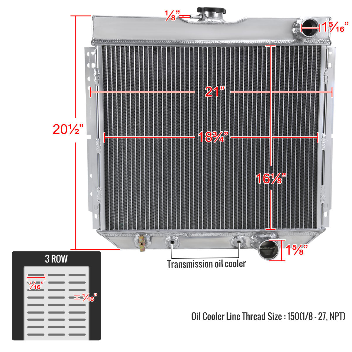 1963-1970 Ford Mustang/Fairlane/Falcon/Galaxie/Torino Mercury Cougar V8 Aluminum 3-Row Performance Radiator