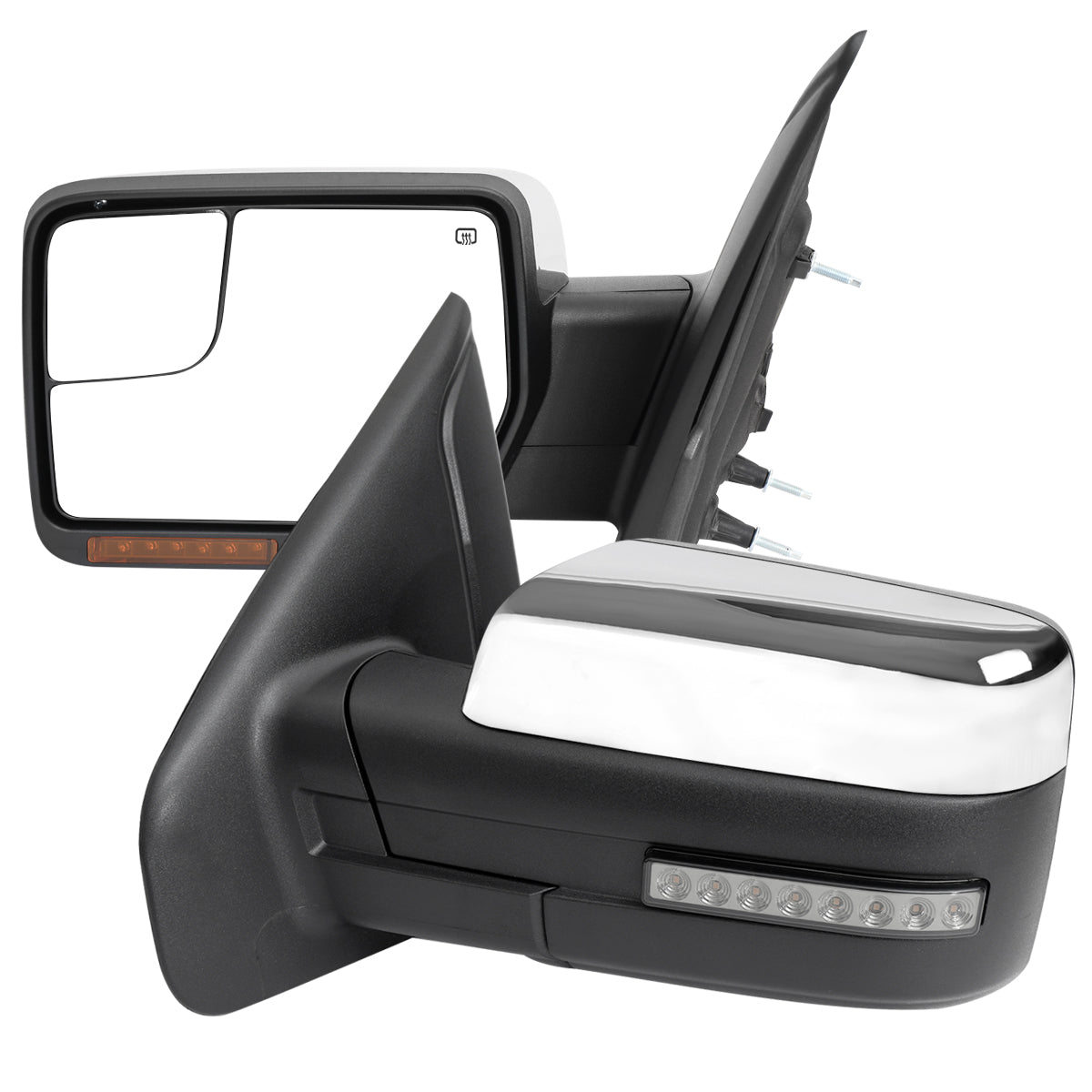 2007-2014 Ford F150 Chrome Power Adjustable & Heated Side Mirrors w/ LED Turn Signal and Puddle Light - Pair