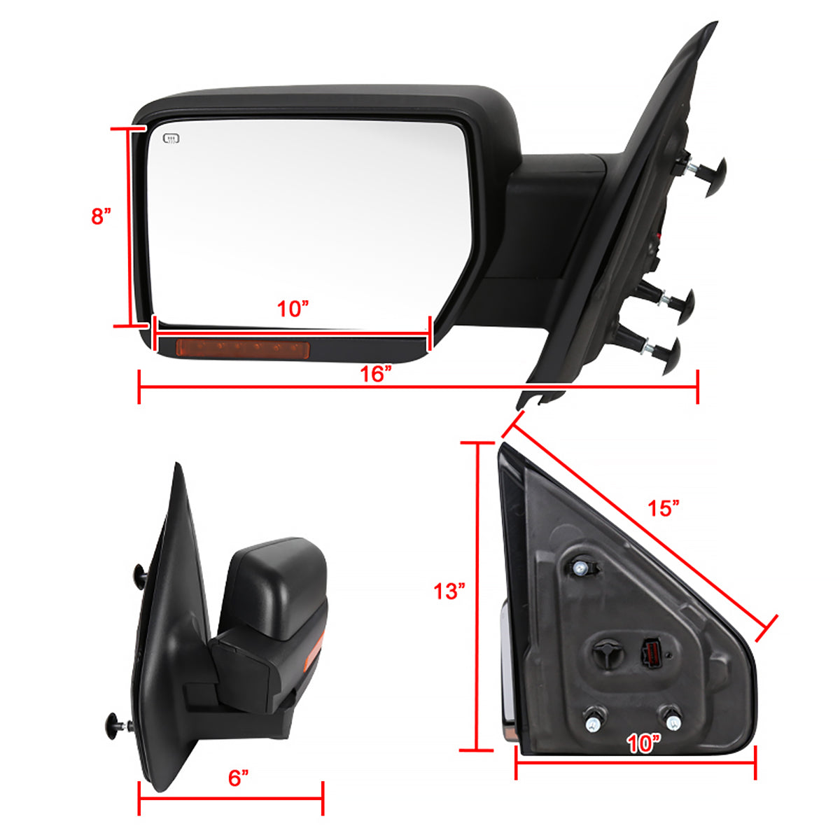 2007-2014 Ford F-150 Black Power Adjustable & Heated Side Mirror w/ LED Amber Turn Signal & Puddle Light - Driver Side Only